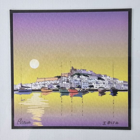 Framed Ibiza Sunset Boats Watercolor Painting Signed By Artist Framed 7" x 7" - Picture 2 of 8